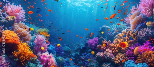 Dive into the vibrant underwater world of a colorful coral reef teeming with life and vibrant hues. Explore the intricate patterns and textures of the diverse coral formations.