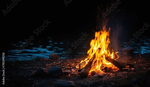Night campfire with river at left side photo