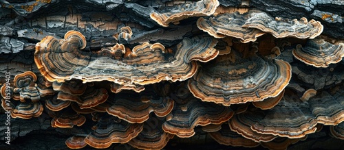 A close-up view of numerous mushrooms tightly clustered on the bark of a tree, showcasing the variety of fungi species thriving in the forest ecosystem.
