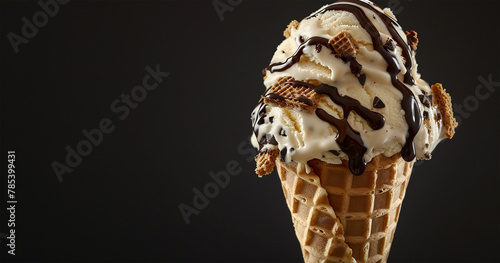 Gourmet Chocolate Chip Ice Cream Cone on Black Background