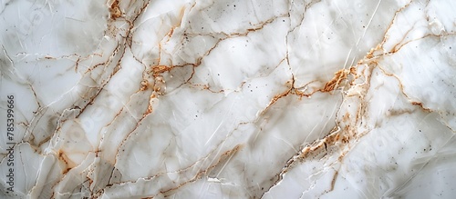 Detailed close up of a white marble surface showing intricate brown veins running through the stone.
