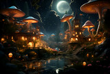 Fantasy fantasy landscape with fantasy houses and mushrooms. 3d rendering