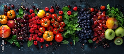 A colorful selection of various fruits and vegetables neatly arranged in a straight line. © FryArt Studio