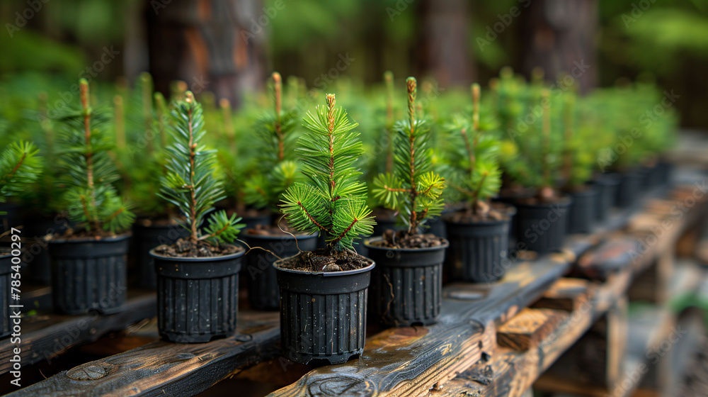 Young pine seedlings growing in black pots arranged on a wooden rack in a nursery, with a blurred forest background. Young pine seedlings growing in black pots arranged on a wooden rack in a nursery, with a blurred forest background.