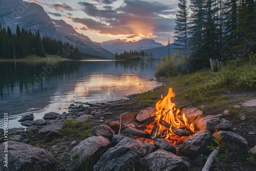 Beautiful and cozy Landscape of a campfire in a peaceful lake valley