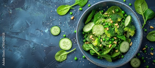 A blue bowl atop a table brimming with a vibrant assortment of green vegetables such as broccoli, spinach, peas, and cucumbers.