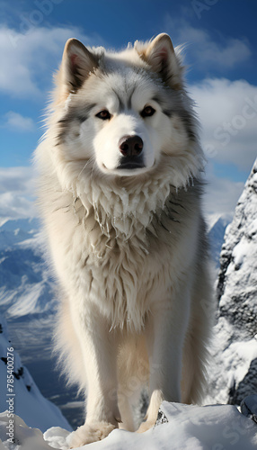 Alaskan Malamute on the background of the snowy mountains