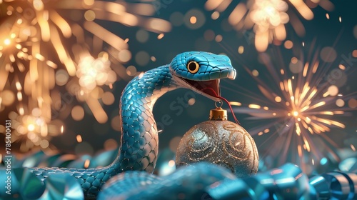 A computer-generated snake holding a Christmas bauble with sparklers in the background photo