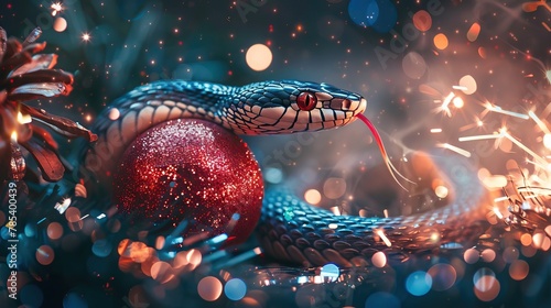 A snake slithers among sparkling holiday decorations and lights photo