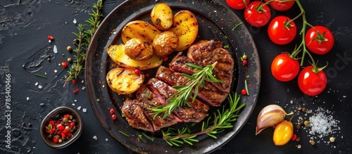 A succulent steak accompanied by roasted potatoes and fresh tomatoes, served on a black plate.