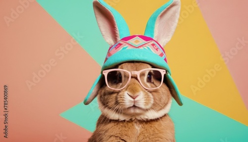 the bunny in a bright hat and stylish glasses, against the background of a colorful wall, vintage and fashionable style. Isolated studio portrait close up. Funny, cute and unusual image.
