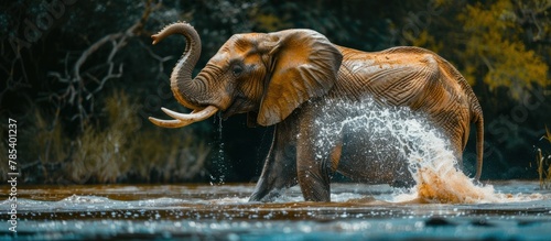 An elephant is spraying water from its trunk while splashing in a river, surrounded by lush green trees in the background.