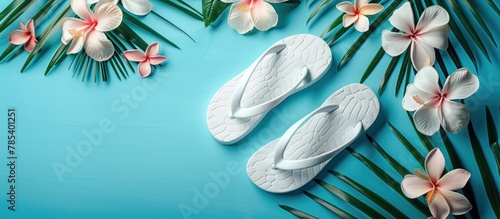 A pair of white sandals resting on a blue surface, perfect for a beach vacation or a casual summer day out.