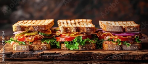 A wooden cutting board featuring three halved sandwiches neatly arranged on top.