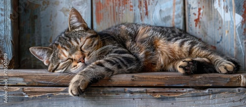 An American Shorthair cat comfortably dozing off on top of a wooden ledge.