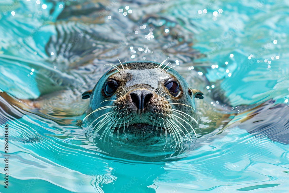 Fototapeta premium Antarctic seal gracefully swimming near a sea lion resting on the icy surface in antarctica