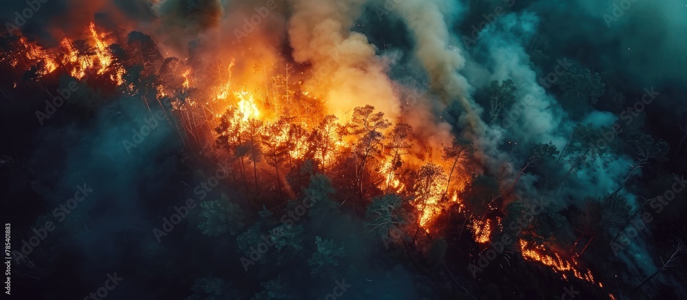 An aerial perspective capturing a forest fire with raging flames spreading across the landscape.