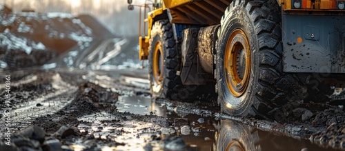A yellow dump truck is driving down a muddy road, leaving tracks in the mud as it moves forward. photo