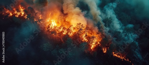 An aerial perspective capturing a forest fire with raging flames spreading across the landscape.