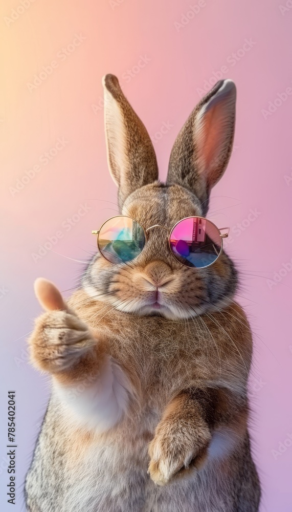 Fototapeta premium Stylish easter bunny with shades giving thumbs up on pastel backdrop with space for text