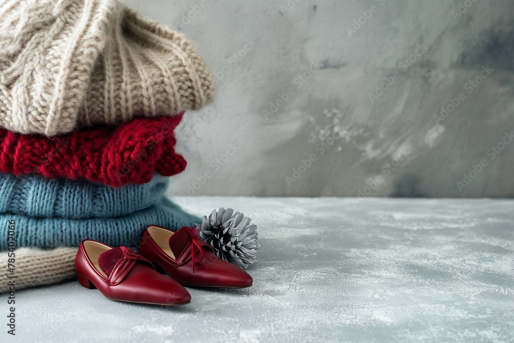 Table with stack of stylish sweaters and women's shoes Table with stack of stylish sweaters and women's shoes