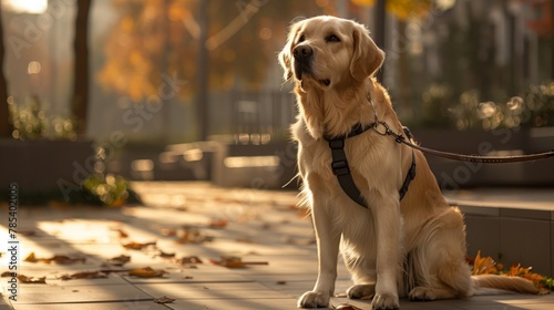 Companion dog with fawn coat sits on sidewalk, wearing harness and leash