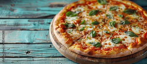 A freshly baked pizza rests on a classic wooden cutting board, showcasing its delicious toppings and crispy crust.