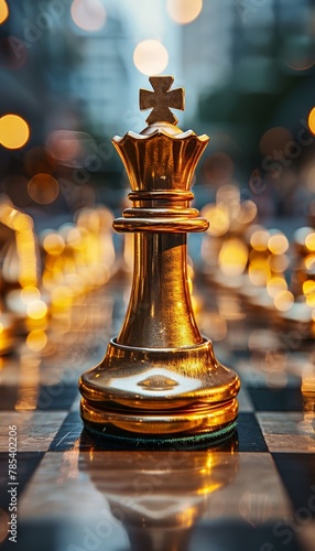 Strategic leadership king chess piece symbolizing success on chessboard, business concept