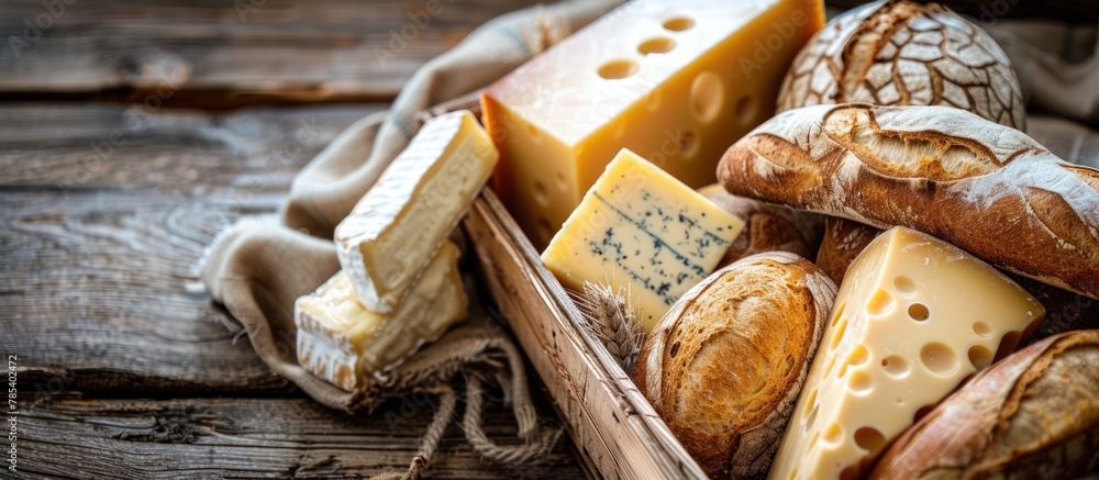 Fototapeta premium A wooden box filled with various types of cheese, showcasing a delicious assortment of flavors and textures.