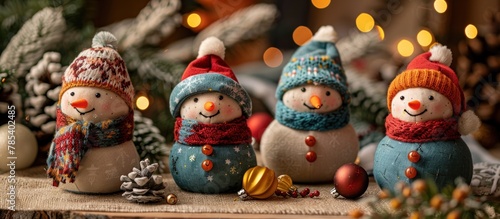 A collection of snowmen standing side by side in a wintery setting. © FryArt Studio