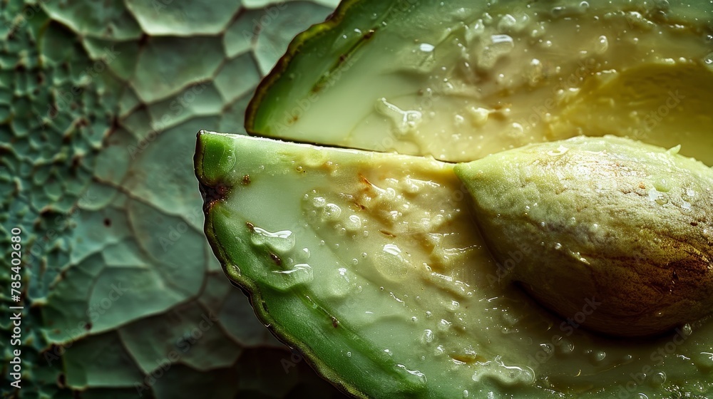 Fototapeta premium Food and Ingredients: A macro close-up photo of a sliced avocado