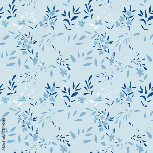 Blue Monochrome Leaves Scattered Vector Seamless Pattern