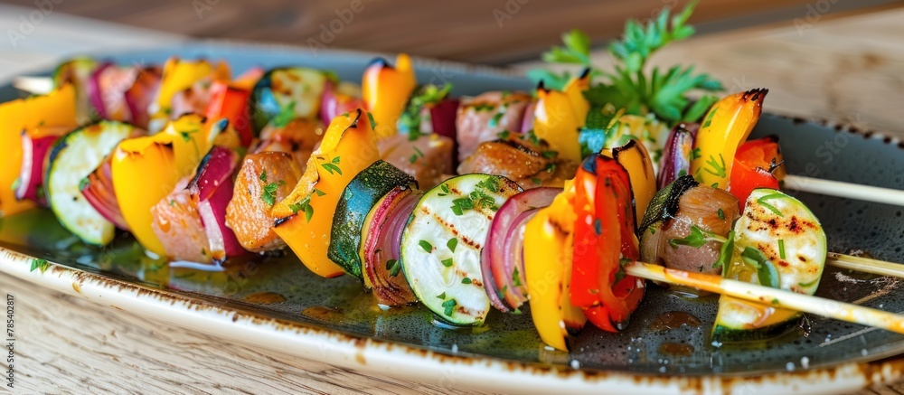A plate on a wooden table with skewers of yellow pepper, and other delicious food items.