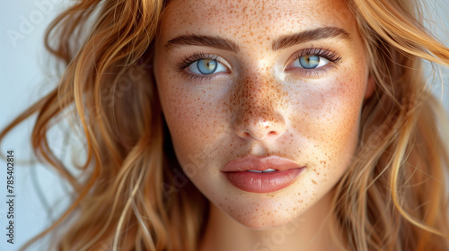 Close-up portrait of a young woman with freckles and blue eyes, against a light background.