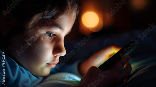 Niño mirando la pantalla del móvil en la oscuridad