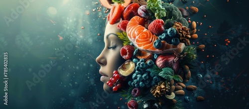 A creative illustration of a womans head constructed entirely from a variety of colorful fruits and vegetables. © FryArt Studio