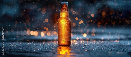 A beer bottle placed on a wet ground surface, reflecting light off the wet surface. photo