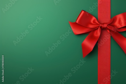 Red ribbon with bow on green background, Christmas card concept. Space for text. Red and Green Background