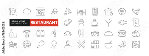 Set of 36 Restaurant line icons set. Restaurant outline icons with editable stroke collection. Includes Chef, Fast Food, BBQ, Healthy Food, Waiter, and More.