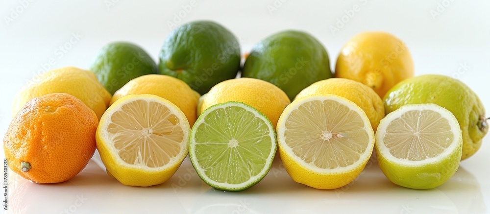 A group of lemons, limes, and limes cut in half on a surface.