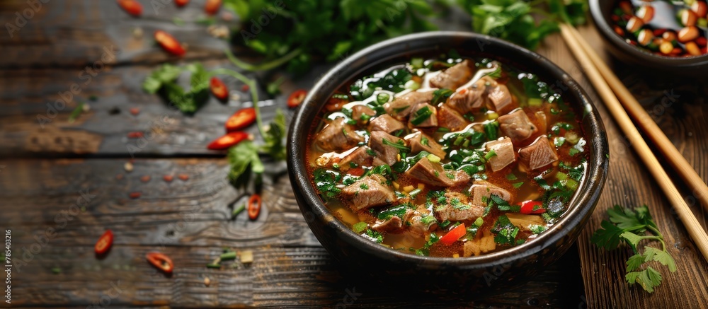 A bowl of food with chopsticks placed on a wooden table. The food consists of comforting soup with tender meat. A bowl of food with chopsticks placed on a wooden table. The food consists of comforting soup with tender meat.