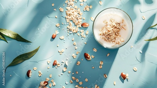 A glass of milk with oats and almonds on a blue surface sprinkled with sunlight and shadows photo