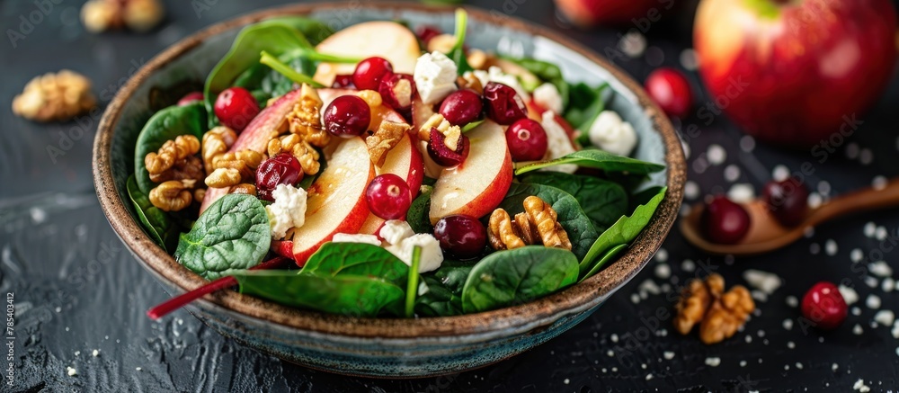 A bowl filled with fresh baby spinach, red apples, cranberries, and walnuts, creating a colorful and nutritious salad.