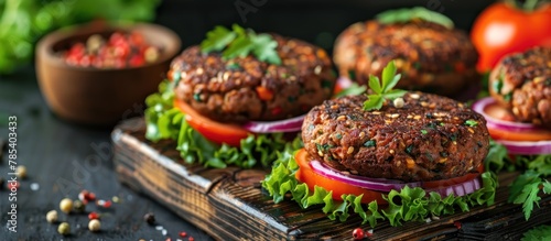 A close-up shot of a wooden platter filled with grilled hamburgers, showcasing the juicy patties, melted cheese, fresh lettuce, and crispy buns.