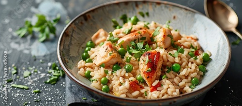 A top-down view of a bowl filled with steamed white rice topped with pieces of savory chicken and vibrant green peas.