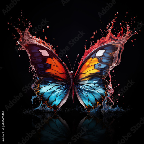 Beautiful butterfly in different colors with splashing wather in front of black background. © Dragana