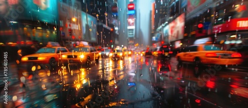 A city street at night filled with speeding cars, bright headlights, and rain-reflective surfaces creating a sense of urgency and congestion. photo