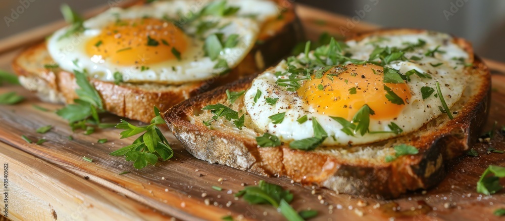 Two eggs are placed on top of toast on a wooden cutting board. Two eggs are placed on top of toast on a wooden cutting board.