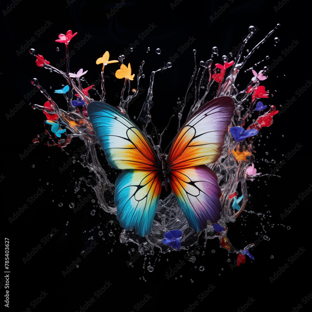 Beautiful butterfly in different colors with splashing wather in front of black background.