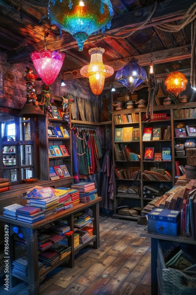 An enchanted workshop, where magic books meet digital tablets, under a spell of colorful, whimsical lights